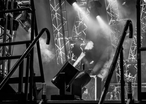 Concert Stage Detail, Black And White, Closeup. Stage Lights And Metal Structure, At Concert, No People.