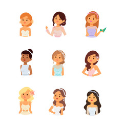 Wedding brides characters vector illustration celebration marriage fashion woman cartoon girl white ceremony marry dress