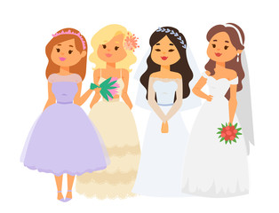 Wedding brides characters vector illustration celebration marriage fashion woman cartoon girl white ceremony marry dress