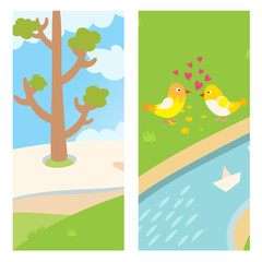 Two lovely birds spring card with tree and couple vector fall in love fly animals kissing with hearts yellow birds illustration