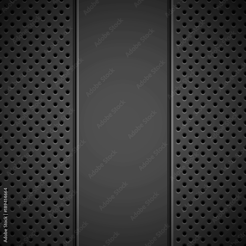 Poster black abstract technology background with seamless circle perforated pattern, speaker grill texture 