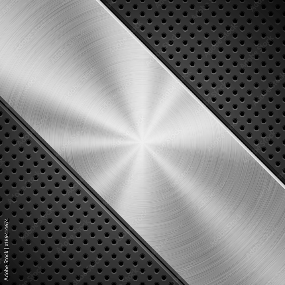 Poster black abstract technology background with seamless circle perforated pattern, speaker grill texture 