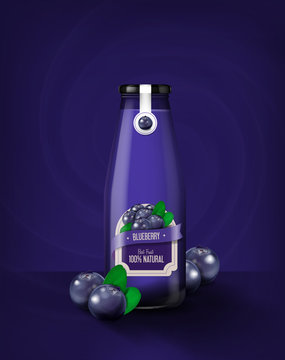 Realistic glass bottle of blueberry juice,  for advertisnig. mock-up template of drink.