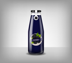 Realistic glass bottle of blueberry juice, drink isolated.