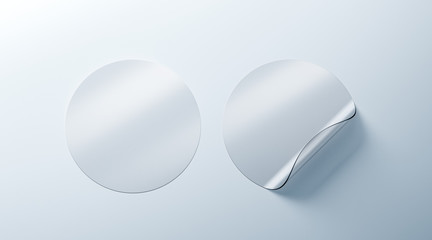Blank white transparent round adhesive stickers mockup with curved corner, 3d rendering. Empty translucent circle sticky label mock up with curl. Clear adherent tag template for glass.