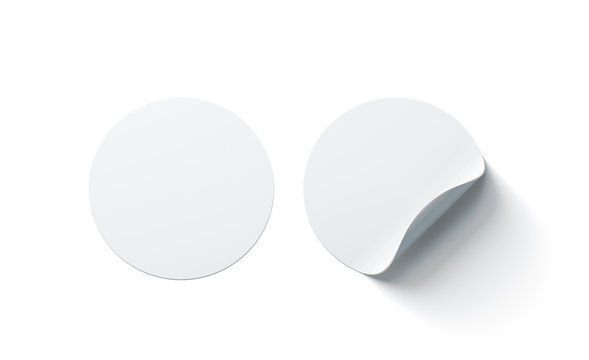 Blank white round adhesive stickers mock up with curved corner, 3d rendering. Empty circle sticky label mockup with curl. Clear adherent tag template for glass door or wall.