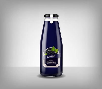 Realistic glass bottle of blueberry juice, drink isolated.