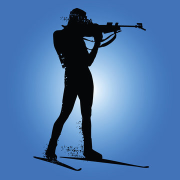 Biathlon racing, skier silhouette isolated on blue background