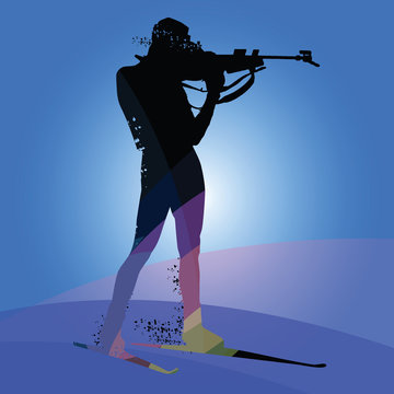 Biathlon racing, skier silhouette isolated on blue background