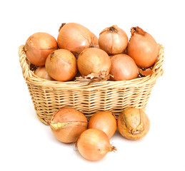 fresh onions vegetables isolated in basket on white background