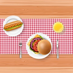 Fast food menu with fork and knife on wooden table