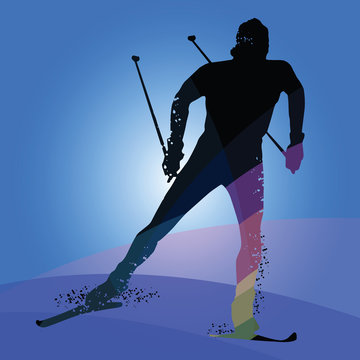 Silhouette cross country skiing isolated on blue background