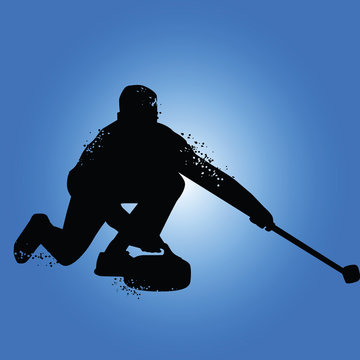 Curling player silhouette isolated on blue background