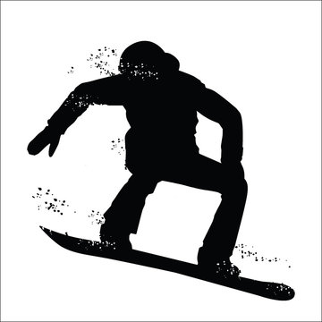 Black silhouette of snowboarder isolated on white background.