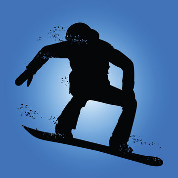 Black silhouette of snowboarder isolated on blue background