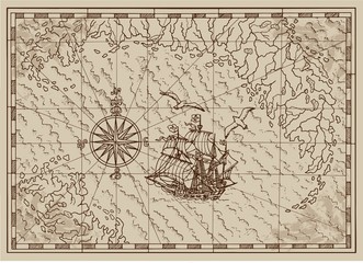 Pirate Treasure map with old ship and compass in frame. Pirate adventures, treasure hunt and old transportation concept. Hand drawn vector illustration, vintage background