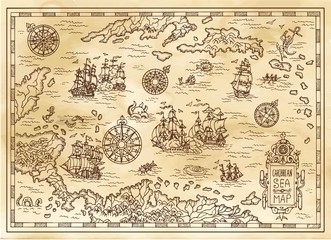Ancient pirate map of the Caribbean Sea with ships, islands and fantasy creatures. Pirate adventures, treasure hunt and old transportation concept. Hand drawn vector illustration, vintage background