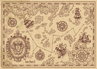 Naklejka premium Ancient pirate map with decorative frame, sailings ships and islands. Pirate adventures, treasure hunt and old transportation concept. Hand drawn vector illustration, vintage background