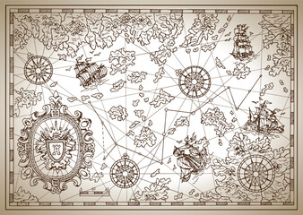 Pirate map with mythological creatures, old vessels, compass and treasure islands. Pirate adventures, treasure hunt and old transportation concept. Hand drawn vector illustration, vintage background - obrazy, fototapety, plakaty