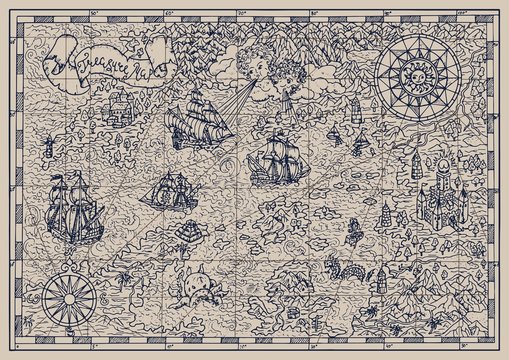 Pirate map with mythological creatures, old vessels, compass and treasure islands. Pirate adventures, treasure hunt and old transportation concept. Hand drawn vector illustration, vintage background