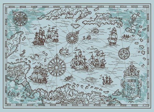 Old map of the Caribbean Sea with pirate ships, treasure islands, fantasy creatures. Pirate adventures, treasure hunt and old transportation concept. Hand drawn vector illustration, vintage background