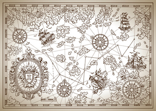 Pirate map with mythological creatures, old vessels, compass and treasure islands. Pirate adventures, treasure hunt and old transportation concept. Hand drawn vector illustration, vintage background