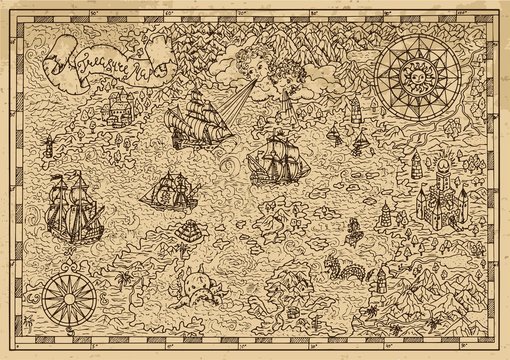 Pirate Map with old sailing ships, fantasy creatures, treasure islands. Pirate adventures, treasure hunt and old transportation concept. Hand drawn vector illustration, vintage background