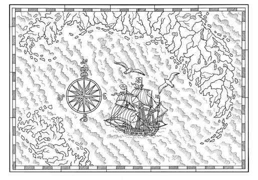 Black and white sea map with old sailing ship and compass. Pirate adventures, treasure hunt and old transportation concept. Hand drawn illustration, vintage background