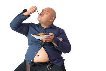 Asian fat man eat snack