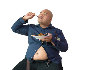 Asian fat man eat snack