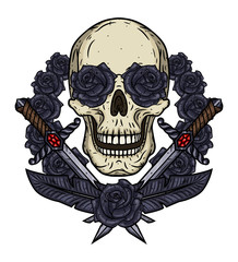 Skull with a daggers and a dark grey roses. Valentine skull.