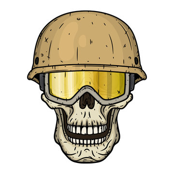 The skull of a soldier wearing a helmet.