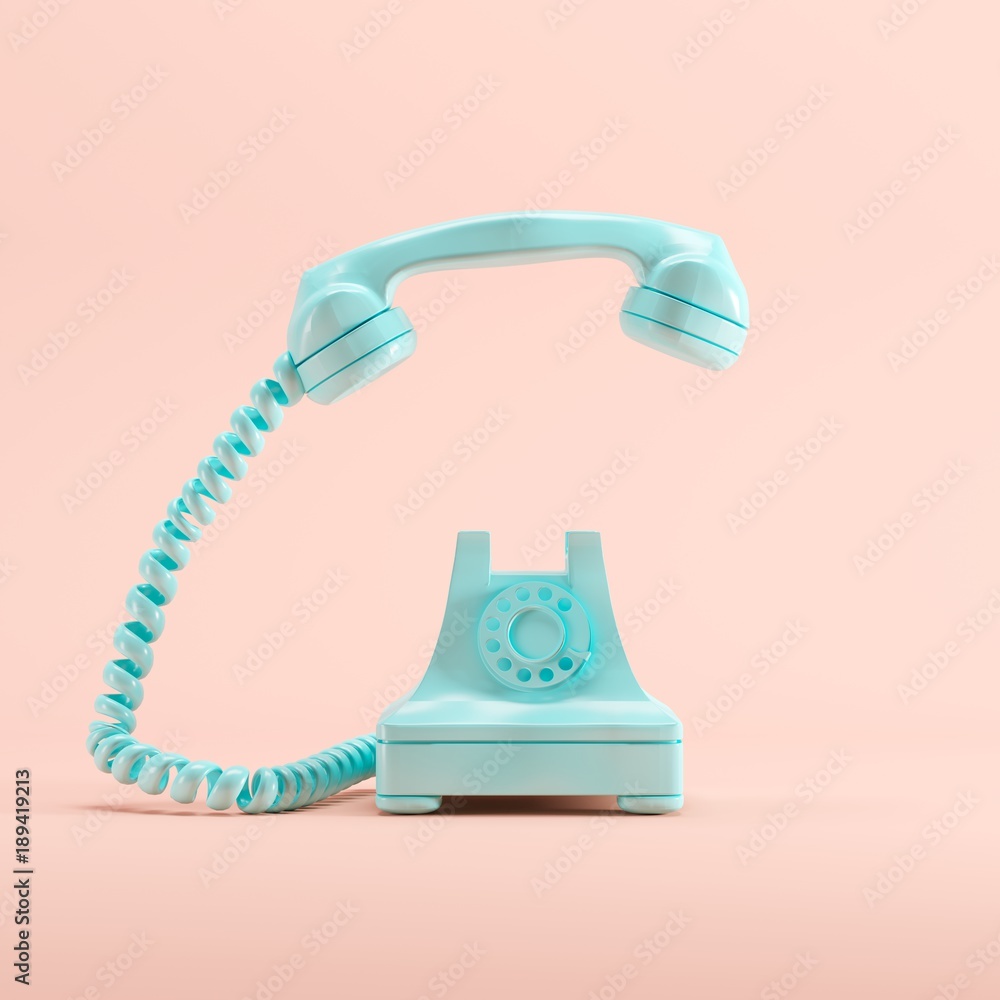Wall mural blue vintage telephone on pink pastel color background. minimal idea concept.