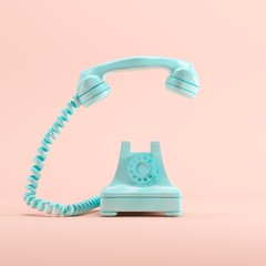 Fototapeta Blue vintage telephone on pink pastel color background. minimal idea concept. obraz