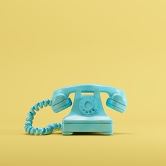 Blue vintage telephone on yellow pastel color background. minimal idea concept.