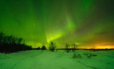 Northern lights ,Aurora borealis, green, purple, blue, stars. North Pole, Iceland, Russia
