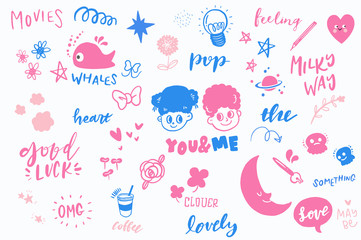 Vector Retro Stickers Graphics Collection, Hand Drawn Doodle Elements Set, Pop Color Backgrounds, Retro Apparel Sticker Illustration, Lovely Characters