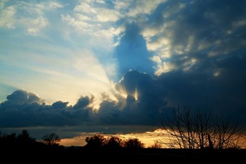 Naklejka premium Dramatic sunset landscape on winter day with white and dark blue clouds, blue window trough clouds, golden sunset ray of light and dark silhouettes of trees and bushes in front