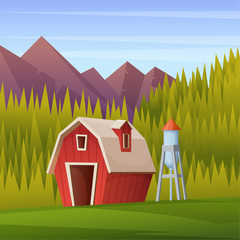 Rural summer landscape with a red shed, water tower and forest on the background