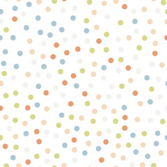 Colorful polka dots seamless pattern on white 11 background. Elegant classic colorful polka dots textile pattern. Seamless scattered confetti fall chaotic decor. Abstract vector illustration.