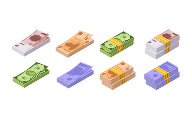 Monetary currencies, in form cash, paper bills. Piles of money.