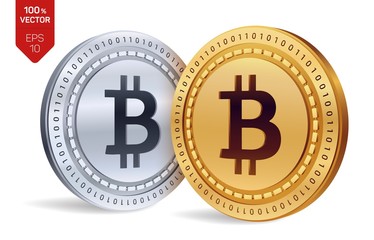 Bitcoin. 3D isometric Physical coins. Digital currency. Cryptocurrency. Golden and silver coins with bitcoin symbol isolated on white background. Vector illustration.