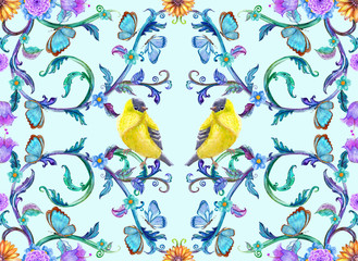 seamless texture with fancy arabesque of swirly ornaments and lovely birds. watercolor painting.