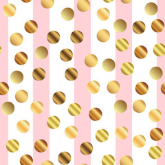 Golden dots seamless pattern on pink striped background. Attractive gradient golden dots endless random scattered confetti on pink striped background. Confetti fall chaotic decor.