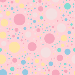 Colorful polka dots seamless pattern on bright 9 background. Delicate classic colorful polka dots textile pattern. Seamless scattered confetti fall chaotic decor. Abstract vector illustration.