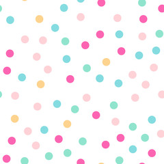 Colorful polka dots seamless pattern on white 3 background. Sightly classic colorful polka dots textile pattern. Seamless scattered confetti fall chaotic decor. Abstract vector illustration.