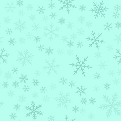 Blue snowflakes seamless pattern on turquoise Christmas background. Chaotic scattered blue snowflakes. Graceful Christmas creative pattern. Vector illustration.