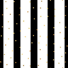 Golden dots seamless pattern on black and white striped background. Shapely gradient golden dots endless random scattered confetti on black and white striped background. Confetti fall chaotic decor.