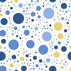 Colorful polka dots seamless pattern on white 24 background. Extraordinary classic colorful polka dots textile pattern. Seamless scattered confetti fall chaotic decor. Abstract vector illustration.