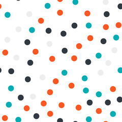 Colorful polka dots seamless pattern on white 17 background. Memorable classic colorful polka dots textile pattern. Seamless scattered confetti fall chaotic decor. Abstract vector illustration.